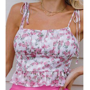 Tie Shoulder Ruched Bust Ruffle Hem Floral Cami Top